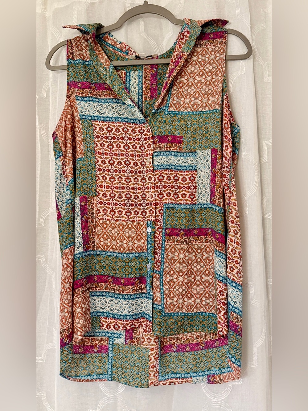Rose & Olive Patchwork Print Sleeveless Blouse Tank Size Small